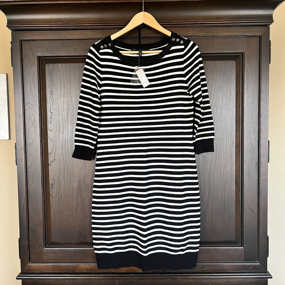WHBM Sweater Dress Black White Striped 3/4 Sleeves Stretch Size XS NWT MSRP $110